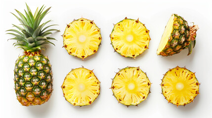Set of fresh pineapples isolated on a white background, top view, showcasing the tropical allure of whole and sliced pineapples with their golden yellow flesh and distinctive green crowns.