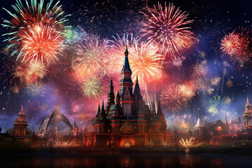 Naklejka premium Generative ai on theme festive brightly fireworks on twilight background high in dark sky