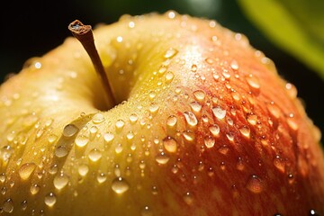 Apple close-up, covered in water droplets, red and yellow fruit