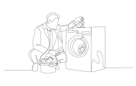 recommend clip art: Continuous one line drawing of businessman putting banknotes into washing machine, money laundering concept, single line art.
                    