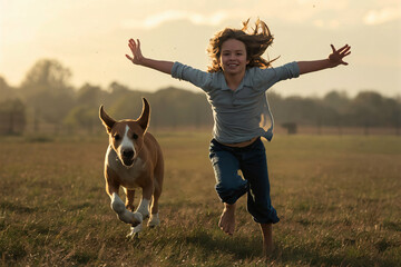 woman jumping with their dog