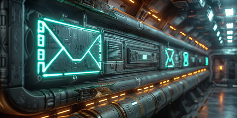Hologram email in vibrant green neon, floating in the cabin of a deep-space explorer