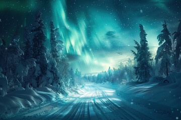 Generative ai on theme of beautiful northern lights, bright aurora borealis winter in atmosphere