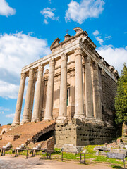 Obraz premium The Temple of Antoninus and Faustina is an ancient Roman temple in imperial Forum. Adapted as a Roman Catholic church, Chiesa di San Lorenzo in Miranda