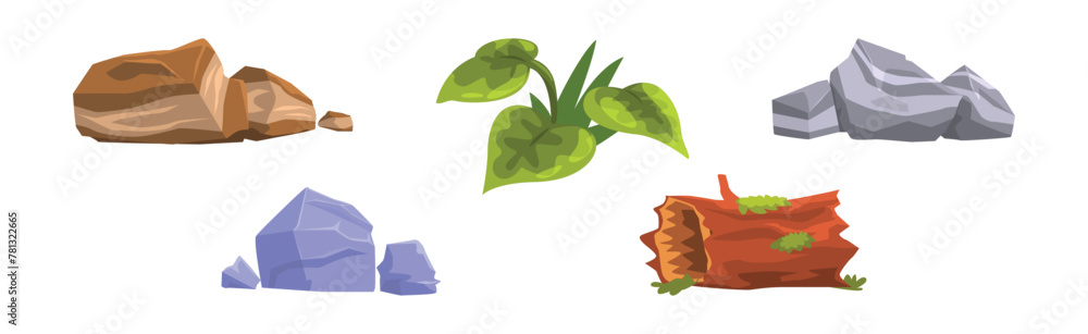 Poster forest element and outdoor environment object with boulder, log and leaf vector set