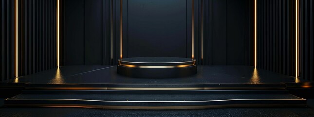 Elegant Black Podium with Golden Accents on Dark Background. Generative ai