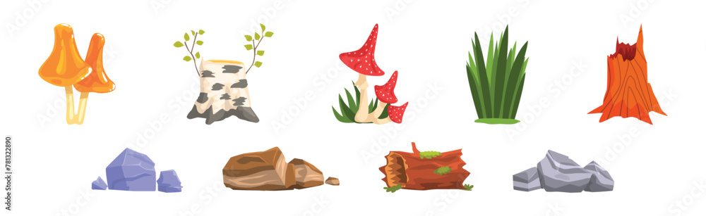 Poster forest element and outdoor environment object with tree stump, stone, log and mushroom vector set