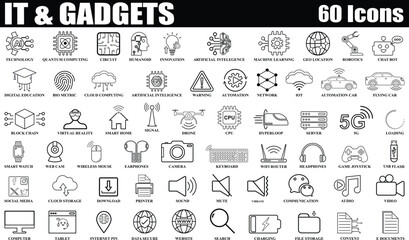 IT and Gadgets web icons in line style. Set of 60 high quality Information technology signs for web and mobile app. Black and White Editable icon set of IT and Gadgets.