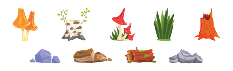 Forest Element and Outdoor Environment Object with Tree Stump, Stone, Log and Mushroom Vector Set