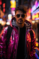 Fototapeta na wymiar A fashion-forward man striking a pose on a busy city street, with neon lights and colorful reflections enhancing the dynamic atmosphere.