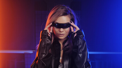 Glowing night club cyclops eye wear cyberpunk women. Future 2077 cyber punk glasses. Orange purple...