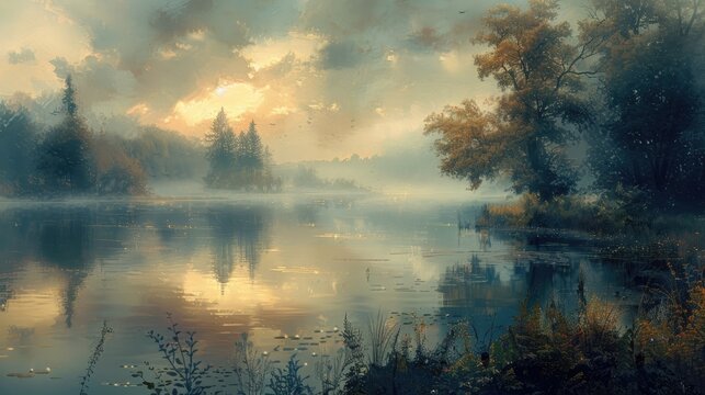 Tranquil Lakeside Landscape at Dawn Shrouded in Misty Haze Evoking a Sense of Serene Solitude and Peaceful Reflection
