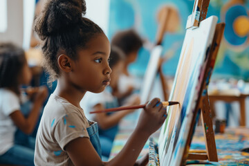 Cute African girl girl draws on an easel during a lesson in an art studio. The kid holds a brush in his hand and paints with paints. Child development