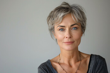 Portrait of a beautiful middle-aged woman with gray short hair looking at the camera