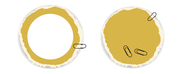 Two round frames made of torn paper and several paper clips nearby. One frame - with empty circle inside, other - whole torned paper circled form. Vector illustration.