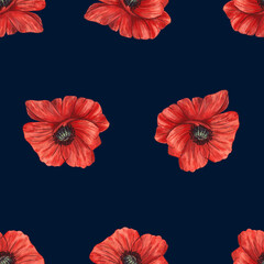 Seamless watercolor pattern with red poppies on a dark background.