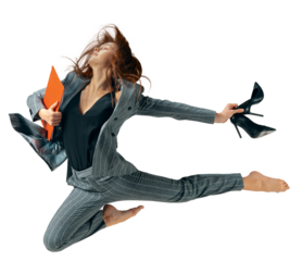 Happy business woman, employee in formal wear jumping with office supplies barefoot isolated on transparent background. Concept of dance and business, employment, success, career, office