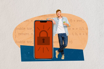 Collage picture banner of young man using smartphone lock screen display dont know how hacking...