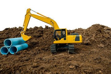 Crawler Excavator is digging soil in  construction site with  pipeline work on isolated white...