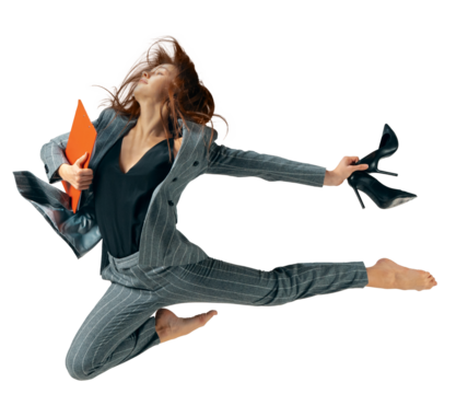 Happy business woman, employee in formal wear jumping with office supplies barefoot isolated on transparent background. Concept of dance and business, employment, success, career, office