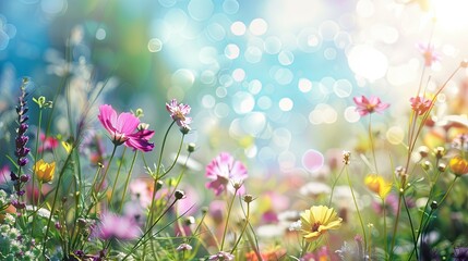 Colorful flower meadow with sun beams and blue sky and bokeh lights in summer nature background banner summer greeting card wildflowers spring concept ,with copy space 