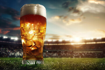 Low Angle Beer Glass at Football Stadium. Cold beer on grass with stadium background, ideal for...