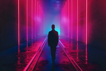 A man walks down a long, narrow hallway with neon lights. The hallway is dark and the lights are bright, creating a sense of mystery and intrigue. The man is alone - obrazy, fototapety, plakaty