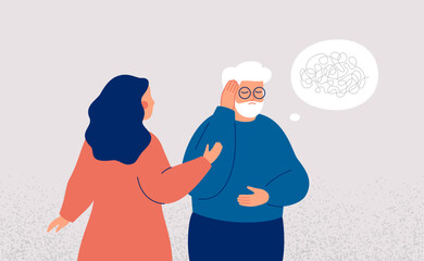 Supporting elderly people with dementia. Caregiver or family member helps to senior man with neurological disorder.  Mental health vector illustration