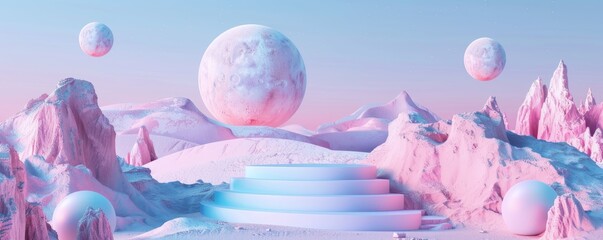 abstract glacier landscape background, surrealism vibe, a podium for product placement us, cosmetics etc, blue  and pink vintage color palette - 781325061