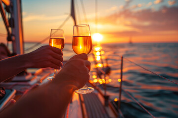 Sunset Toast on Yacht with Ocean View. Close-up of a couple toasting wine glasses at sea during...