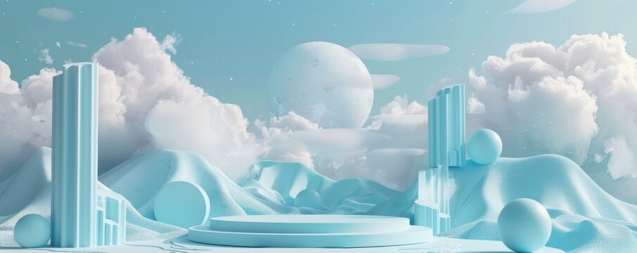 abstract glacier landscape background, surrealism vibe, a podium for product placement us, cosmetics etc, blue vintage color palette