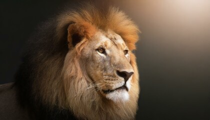 Close-up portrait of a Lion on black or dark background with gradient effect.
