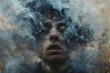 A man's face is obscured by a cloud of smoke. The painting is abstract and has a moody, mysterious feel to it - obrazy, fototapety, plakaty