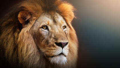 Close-up portrait of a Lion on black or dark background with gradient effect.
