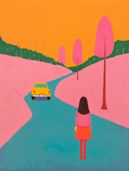 girl view from the back on the roadwith a yellow car in front of her, outdoor scene, pink trees, minimal scene illustration - 781325402
