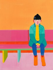 lonely girl  sitting on a bench alone in the city waiting for some bus or thinking. colorful vibrant pastel colors mood - 781325407