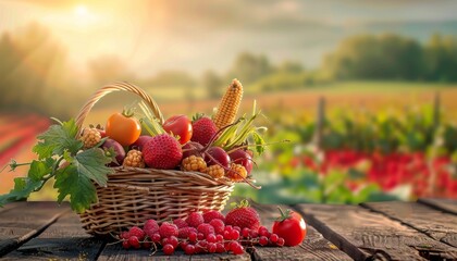 Thansgiving agriculture harvest banner apsicum, tomato, beetroot, strawberry, raspberry ,red corn on the in a basket put on dark brown wooden floor, with defocused landscape field in the background 