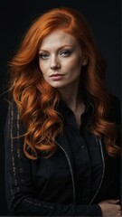 Fototapeta premium Portrait of a young beautiful girl with red hair on a dark background. Irish beauty.
