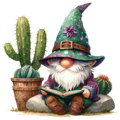Desert Cactus Gnome with Succulents Illustration.