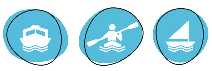 3 blaue Wassersport Icons: Motorboot, Kajak und Segeln - Button Banner