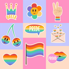 LGBTQ community pride month retro groovy poster, social media post template, card