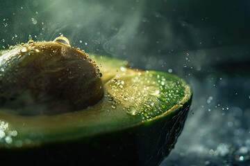 Avocado close-up, covered in water droplets, green and brown fruit