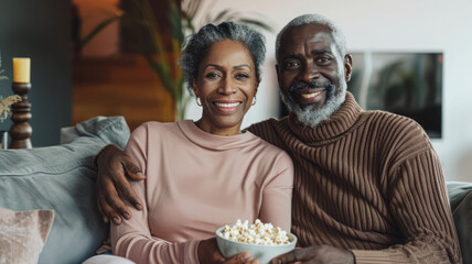 Mature couple enjoying cozy moment on couch with popcorn.