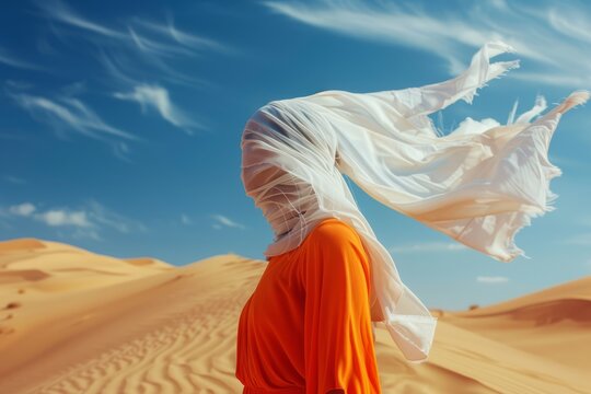 a woman portrait with face covered  under a big white silk cloth carried by the wind, floats dancing in a empty desert, vibrant colors palette color background	
