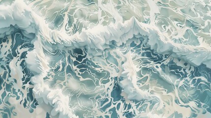 Illustrate the mesmerizing patterns of waves from a bird's-eye view, where the ocean reveals its intricate textures and rhythms.