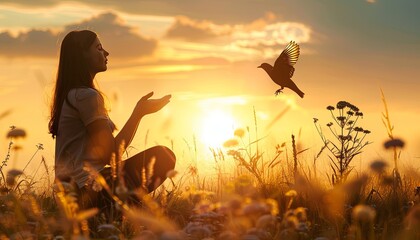Obraz premium Woman praying and free bird enjoying nature on sunset background, hope concept 