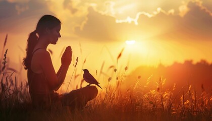 Woman praying and free bird enjoying nature on sunset background, hope concept  - obrazy, fototapety, plakaty