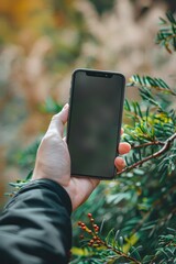 A hand presents a smartphone against a backdrop of vibrant foliage