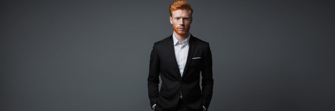 Portrait of a red-haired young man in a dark elegant business suit. Irish beauty.