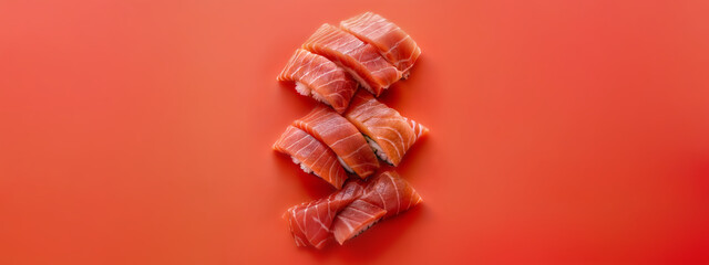 A close-up of four pieces of sushi, two of which are made with salmon and two with tuna., Concept ...